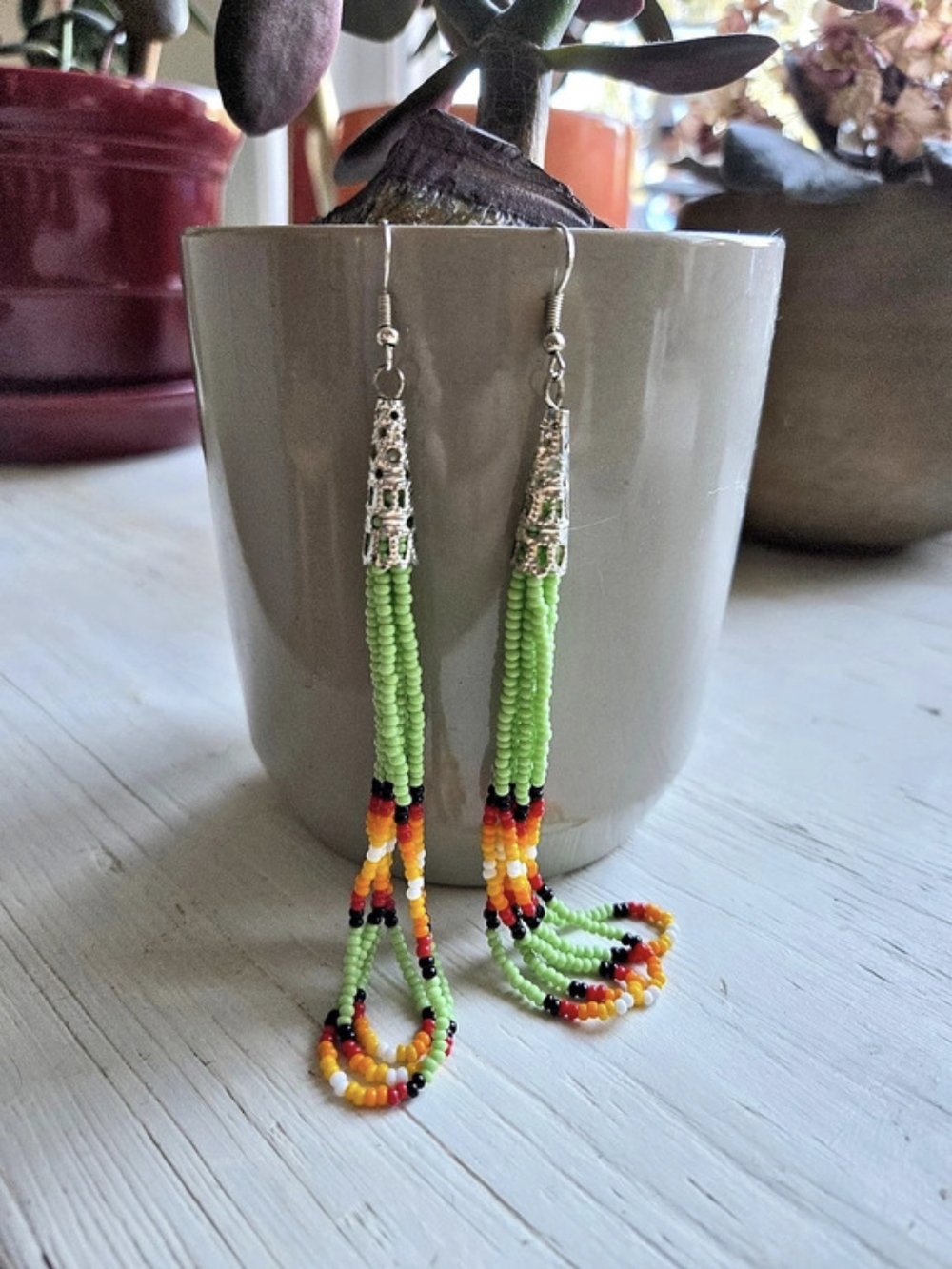 Indigenous Beaded Dangle Earrings in Green & Multicolor